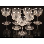 Seven wine glasses with etched grape decoration CONDITION REPORT: Condition