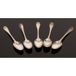 Five George I silver rat tail teaspoons, Samuel Lee, circa 1720, initialled MR to terminals,