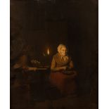 Johannes Rosierse (1818-1901)/Candlelit Interior/with woman preparing vegetables/signed upper