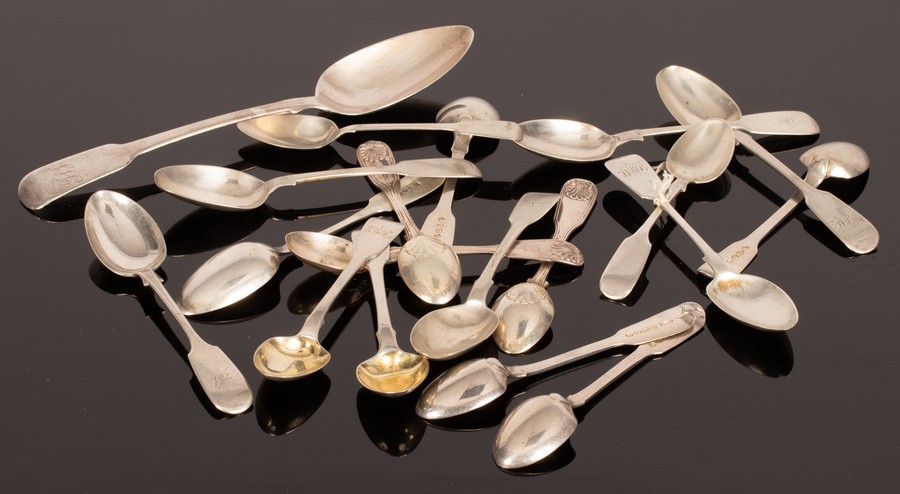 A quantity of fiddle pattern silver flatware, various dates and makers, including a table spoon, ET,