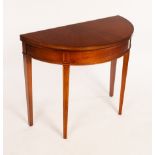 A mahogany D-shaped card table, lined green baize on square taper legs,