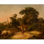 English School, 19th Century/Figures in a Lane/a church beyond/oil on canvas,