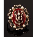 A Victorian diamond, pearl and red enamel brooch,