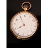 An 18k gold cased open faced pocket watch, the white enamel dial with Arabic numerals,