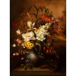 B Pal/Vase of Summer Flowers/on a ledge with the artist's palette/signed/oil on panel,