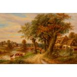 Thomas Thomas (act 1854-1896)/Cattle and Figures by a River/signed/oil on canvas,