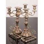 A pair of Sheffield plate two-branch, three-light candelabra with gadroon borders,