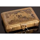 A brass rectangular card box inlaid wooden panels, decorated a battle scene,