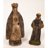 A polychrome carved figure of St Francis, 20cm high and another of the crowned Madonna,