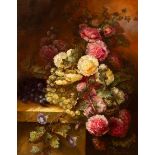 Tom Crowell/Still Life/flowers and fruit on a ledge/signed/oil on panel,