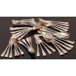 A matched set of Georgian and later Hanoverian pattern silver flatware, comprising nine tablespoons,
