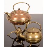 A WAS Benson copper and brass kettle on tripod stand with burner,