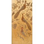 A panel of Indian needlework of birds and other sequined and wirework decoration,