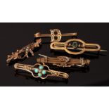 Five Edwardian 9ct gold bar brooches, one centred by a pearl set bird,