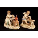 Two Meissen figures of putto, late 19th Century, one making hot chocolate, the other planing a bow,
