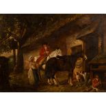 Follower of George Morland/Horses, Dogs and Figures Outside a Thatched Tavern/oil on board, 40.