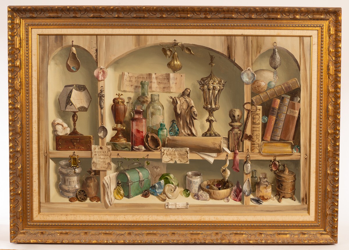 Deborah Jones (1921-2012)/Trompe L'oiel of Cluttered Shelves/signed and dated 1977/oil on canvas, - Image 2 of 3