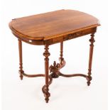 A late Victorian style walnut centre table with urn finial to the X-shaped stretchers,