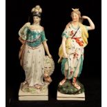 Two Staffordshire pearlware figures of Diana and Minerva, modelled with attributes,