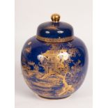 A Wilton Ware blue jar and cover, 20th Century, decorated in gilt chinoiserie motifs,