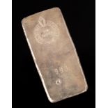 A Swedish 999 standard silver 500g ingot, marked Adelmetall Aktiebolag, Malmo, 9.5cm x 4.