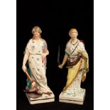 Two pearlware figures emblematic of Peace and Blind Justice,