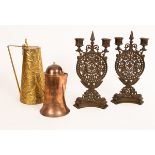 A pair of cast brass candlesticks with eagle and dolphin decoration, 32cm high,