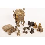 Various Oriental metal wares, including a koro, foo dogs etc.