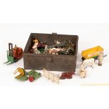 A collection of largely diecast toy farm animals and machinery,