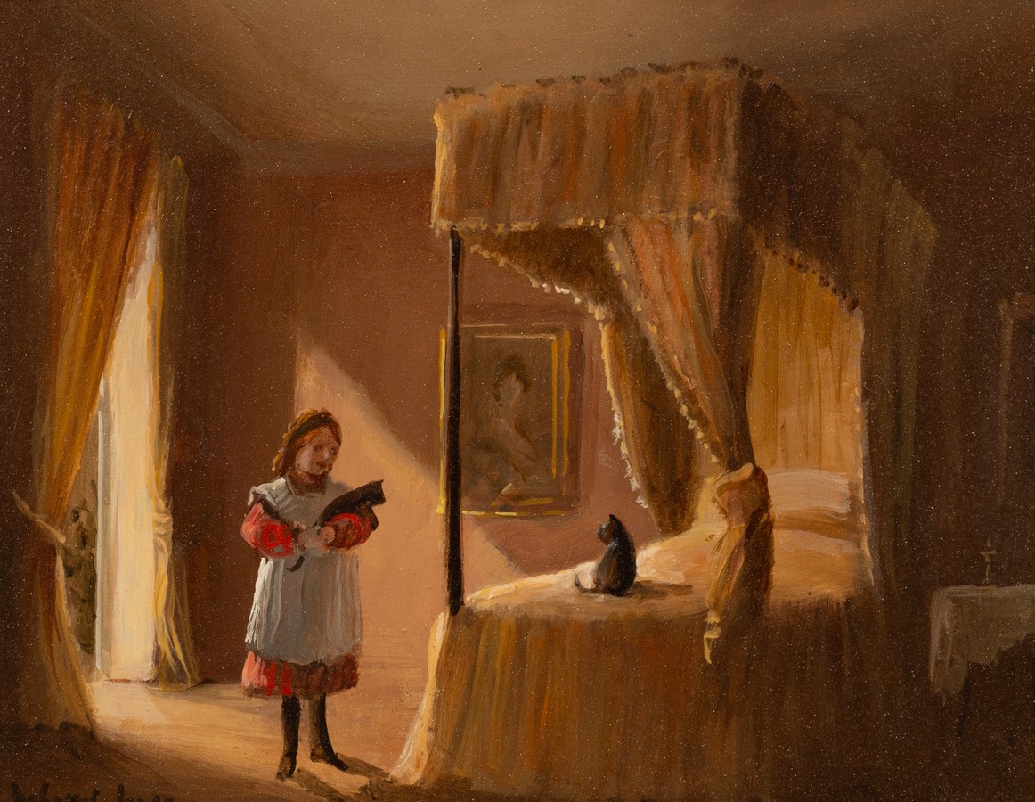 Deborah Jones (1921-2012)/Girl with Cats in a Bedroom/oil on board,