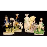 Three Staffordshire flat-back equestrian figures, titled 'Princess', 'Tom King' and 'Dick Turpin',