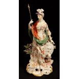 A Derby porcelain figure of Minerva, modelled standing with a shield, books and an owl,