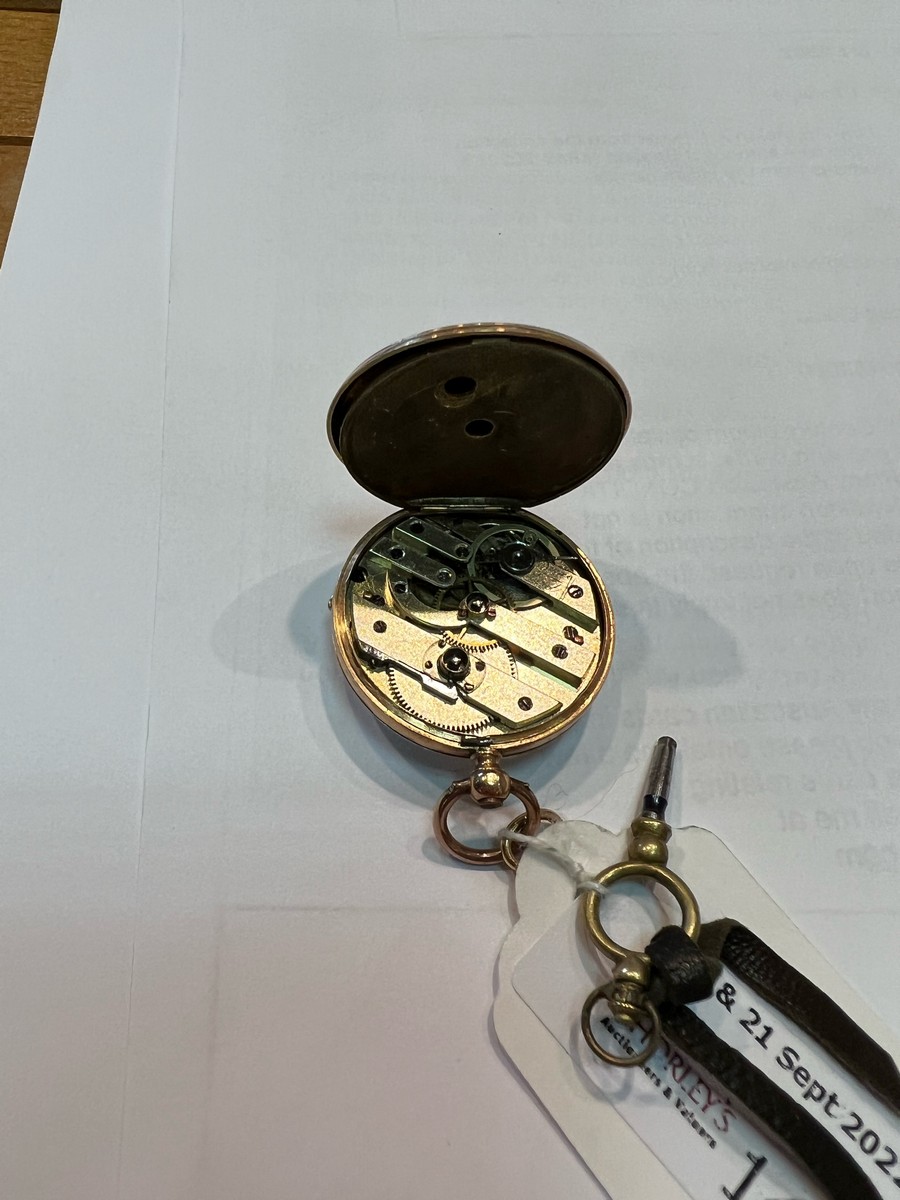 A lady's 18k yellow gold open faced pocket watch with bar brooch attachment, - Image 3 of 3