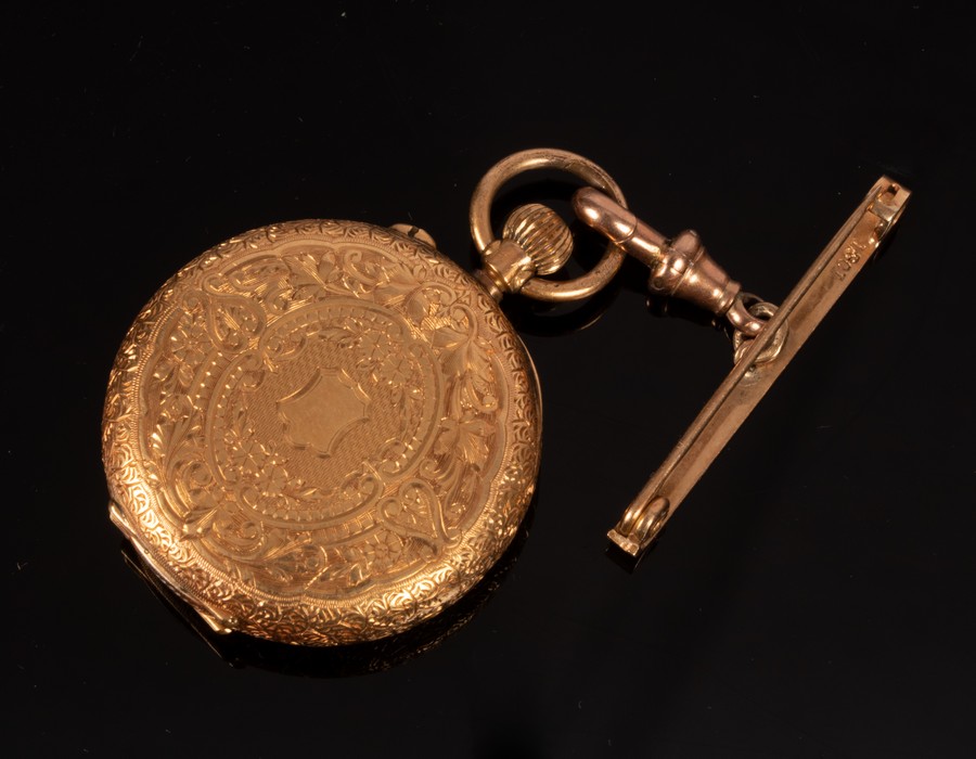 A lady's 18k yellow gold open faced pocket watch with bar brooch attachment, - Image 2 of 3