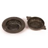 A pewter two-handled quaich, 17cm diameter and a bowl with a reeded border,