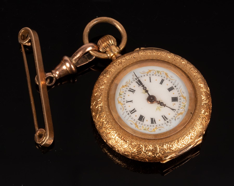 A lady's 18k yellow gold open faced pocket watch with bar brooch attachment,