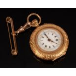 A lady's 18k yellow gold open faced pocket watch with bar brooch attachment,