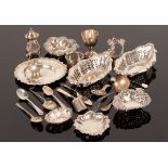 A pair of silver sweetmeat dishes, JR Sheffield 1930, various other silver spoons, napkin rings etc.