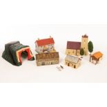 A quantity of model railway accessories to include buildings and scenery, two model vehicles,