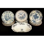 Seventeen Dutch and English blue and white delftware plates (damages) and a shaving bowl probably
