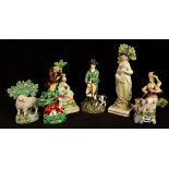 Six various pearlware figures to include a huntsman, a hairdresser and a doe,