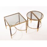 A glass and brass framed sectional table with half-round ends,