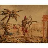 A 19th Century needlework picture of a mounted archer, 19.