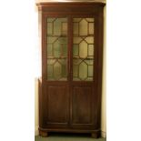 A George III two-tier mahogany corner cupboard enclosed by glazed bar doors and panel doors beneath,