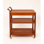 A Chinese carved hardwood drinks trolley of three-tiers, on castors, the top 76cm x 45.