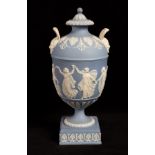 A Wedgwood pale blue jasper two-handled vase and cover with Bacchic mask handles,