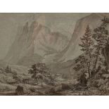 19th Century School/Alpine Valley/watercolour, en grisaille,