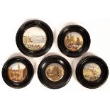 Five Prattware pot lids, Strasburg, French Street Scene, The New Jetty and Pier Margate,