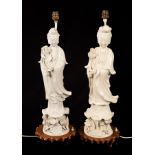 A near pair of blanc de chine figural lamp bases, 20th Century, depicting Chilian Guanyin,