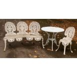 A painted metal three chair back bench,